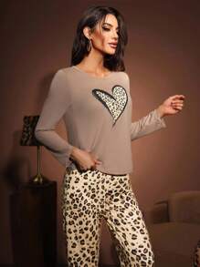 SHEIN 女士休闲豹纹爱心图案长袖睡衣套装，秋冬服装 - 摩卡棕 - 查看 5