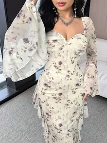 Modelyn 女式花卉印花荷叶边甜心领喇叭袖优雅连衣裙 - 淡紫色 - 查看 4