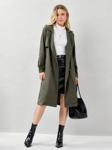 Miaspire 西裝領插肩袖雙排釦腰帶風衣外套 - 軍綠色 - 查看 7