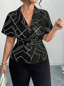 Elenzga Plus Size Women Twist Knot Collar Cinched Waist Geometric Lines Shirt - Black and White - View 4