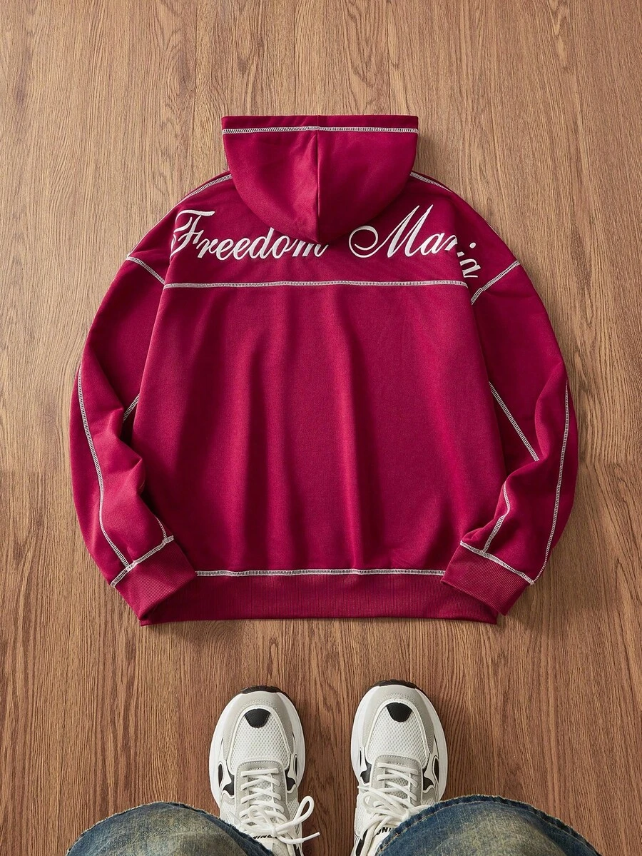 Manfinity VCAY 男士休闲轻便长袖刺绣套头连帽运动衫，春秋季 - 紅色 - 查看 1