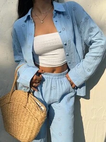 Sunnyshic 2pcs Women Casual Vacation Loose Long Sleeve Embroidered Blouse And Wide Leg Pants Set, Autumn/Winter - Blue - View 6