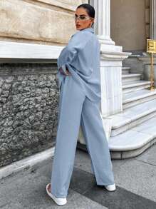 Cottnline Solid Button Front Shirt & Wide Leg Pants - Baby Blue - View 2