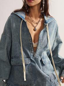Bohemela 女士秋季落肩长袖拉链半开襟实用口袋休闲连帽外套牛仔外套女式牛仔外套女式宽松牛仔外套蓝色牛仔外套女式牛仔连帽衫秋季女式秋季女式冬季女式乡村风女式拉链连帽衫连帽衫拉链乡村音乐会西部连帽衫西部服装女式邮轮女式乡村音乐会波西米亚风女式