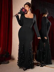 Cravure 大码女式时尚、优雅、浪漫、奢华派对3D提花网纱饰边修身连衣裙 - 黑色 - 查看 6