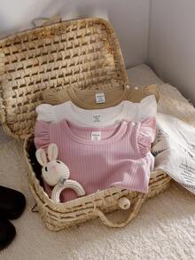 SHEIN 3pcs/Set Baby Girls' Casual Ribbed Basic Shoulder Snap Ruffle Trim Long Sleeve Bodysuits, Autumn/Winter Fall - Multicolor - View 3