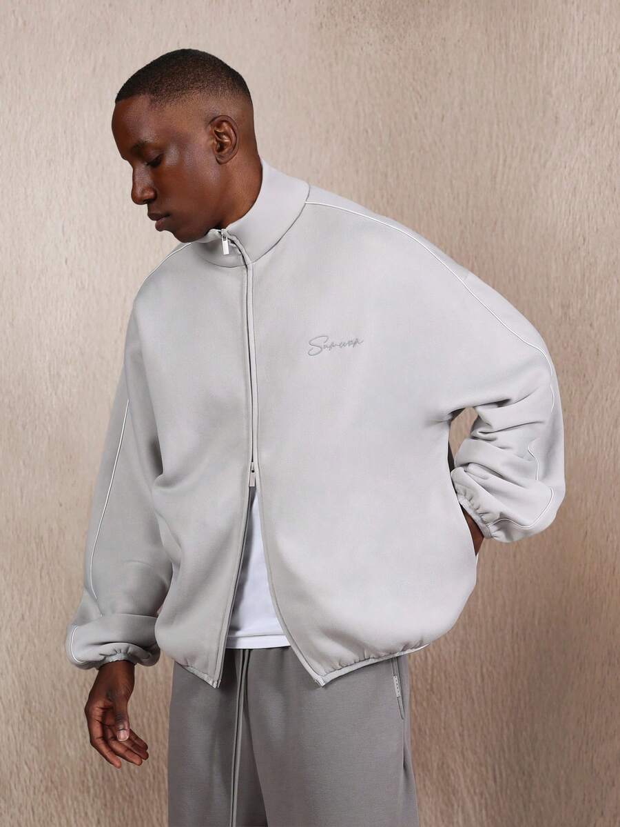 SUMWON 漏斗领拉链夹克现代基本款全拉链运动衫休闲运动轻便春秋冬外套简约设计 - 灰色 - 查看 1