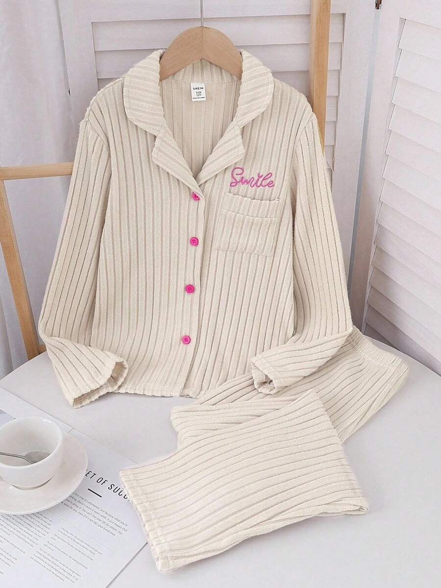 Girls Apricot Fleece Ribbed Letter Embroidery Cardigan & Pants Loungewear Set Two Piece Sleepwear Set Fall Winter - Apricot - View 1