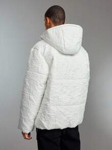 ROMWE MEN Men's Casual Embossed Hooded Zip-Up Padded Coat, Warm For Autumn/Winter - Beige - View 3