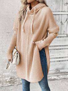 EMERY ROSE Áo len trùm đầu có dây rút 2 trong 1 màu trơn dành cho nữ, mùa thu - Màu Khaki - Xem 1