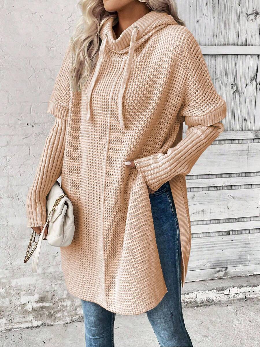 EMERY ROSE Áo len trùm đầu có dây rút 2 trong 1 màu trơn dành cho nữ, mùa thu - Màu Khaki - Xem 1