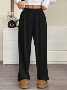 SHEIN EZwear Plus Size Women's Casual Loose Drawstring Wide Leg Sweatpants, Black Loose Pants For Women Elastic Waist Pants Women Lounge Pants Women Casual Pants,Fall Clothes For Women