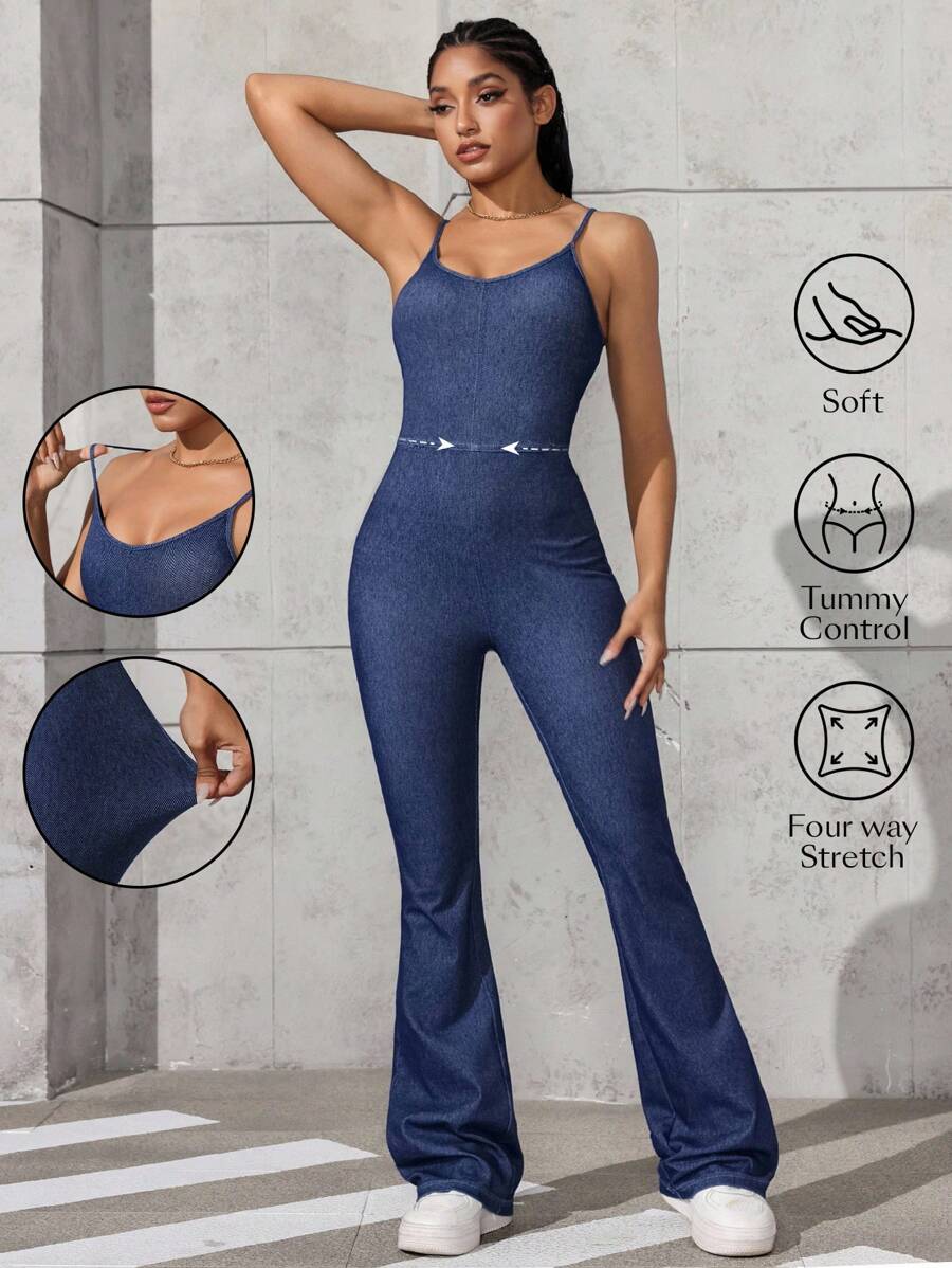 SHEIN FlexDen 女士时尚圆领细肩带针织牛仔连体裤，夏季 - 中等水洗藍 - 查看 1