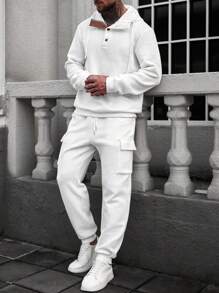 Manfinity LEGND 男款压花面料半开前开襟连帽衫 + 多口袋抽绳运动裤套装 - 白色 - 查看 5
