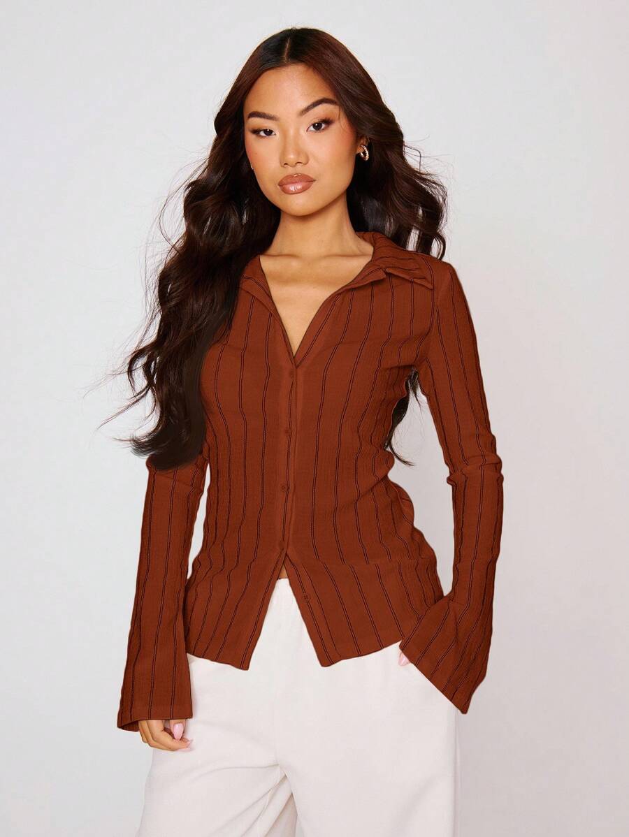 MUSERA Fitted Stripe Flare Long Sleeve Button Up Shirt Casual Cute Elegant Occasion Cute Tops Holiday Fall Work Fall Autumn  Party Elegant Spring Summer - Red - View 1
