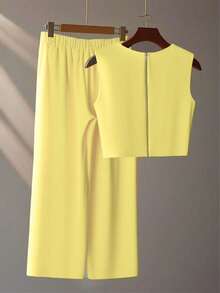 Franclia 法式高级时尚立体钉珠无袖上衣叠穿阔腿裤长裤夏季两件套女士夏装夏季两件套夏季 - 黃色 - 查看 2