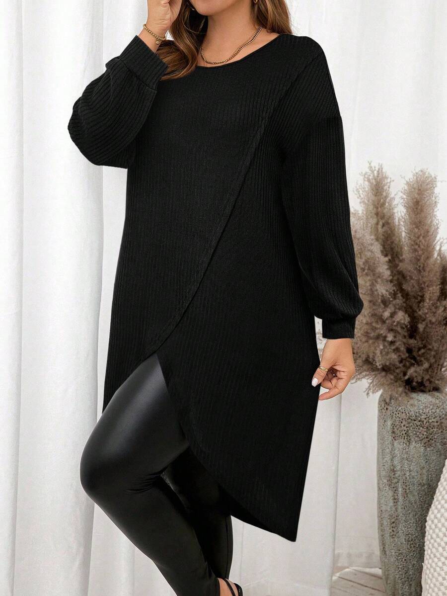 SHEIN Clasi Áo thun dài tay cổ tròn xẻ tà màu trơn cỡ lớn cho nữ công sở thanh lịch - màu đen - Xem 1