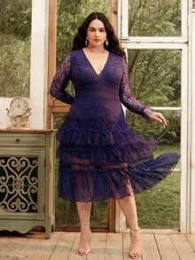 Anewsta Vestido largo de manga larga con corte evasé y encaje para mujer talla grande, adecuado para ocasiones elegantes, festivales, vacaciones, días festivos, uso casual, primavera/verano - Ver 3
