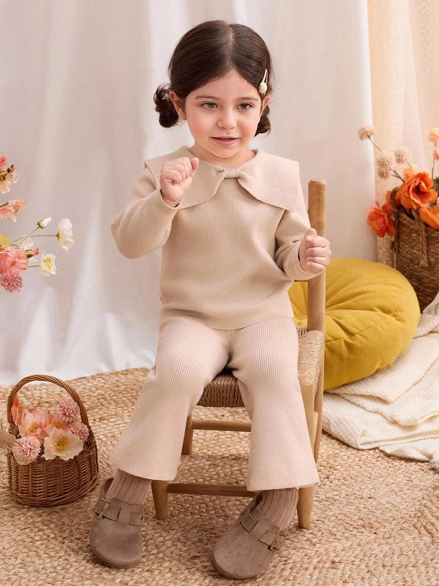 Blossori 女婴法式优雅领长袖毛衣和喇叭裤套装 - 卡其色 - 查看 1