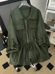 SHEIN Lacomfia Chaqueta casual de manga larga con cremallera, bolsillos múltiples y cordón para mujer de talla grande