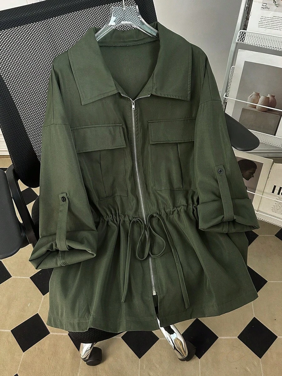 SHEIN Lacomfia Chaqueta casual de manga larga con cremallera, bolsillos múltiples y cordón para mujer de talla grande