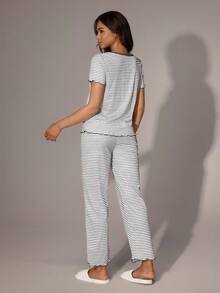 SHEIN Lazeform Casual Striped Faux Placket Round Neck Women Pajama Set