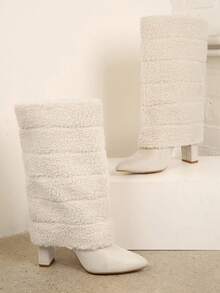 SHUZIA Furry Pointy Toe Block Heel Boots - Beige - View 2