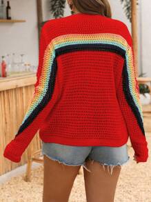 EMERY ROSE Plus Rainbow Knit Hollow Out Pullover Sweater,Red Sequin,Autumn,Boho,Vacation,Pride Month Long Sleeve Outerwear,Sun Protection,Club,Party,Birthday - Red - View 2