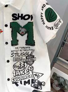 SHEIN Tween Boy 休闲宽松街头字母图案 Polo 领短袖衬衫，适合通勤、上学、日常休闲外出、运动、春夏 - 白色 - 查看 5