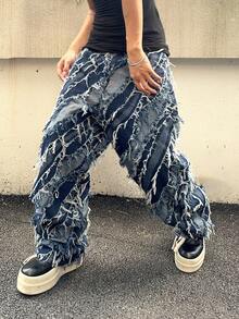 PAVTROS 男士口袋磨边休闲阔腿牛仔裤