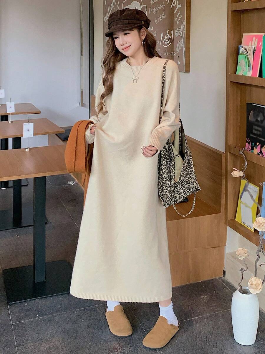 DAZY 女士纯色圆领长袖宽松针织休闲毛衣连衣裙秋冬 - 杏色 - 查看 1