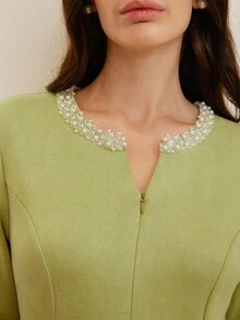 BELROSIE 绿色绒面天鹅绒 V 领长袖连衣裙，带水钻饰边，优雅收腰女式连衣裙 - 綠色 - 查看 2