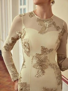 ZEYLAH Vestido de mujer con cuello redondo, mangas raglán, malla con lentejuelas y decoración de cinta bordada - Albaricoque - Ver 2