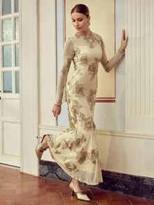 ZEYLAH Vestido de mujer con cuello redondo, mangas raglán, malla con lentejuelas y decoración de cinta bordada - Albaricoque - Ver 6