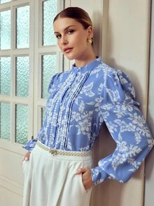 ZEYLAH Floral Print Bubble Sleeve Elegant Shirt With Single-Breasted Design, Vacation Style For Women Fall Cloth For Women - Blue - View 6