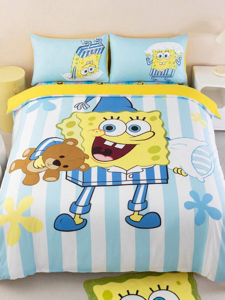 SpongeBob SquarePants | SHEIN 3 件套床上用品，柔软温暖的拉绒材质，蓝色条纹卡通图案羽绒被套，适用于单人床/双人床/大号床/特大号床 - 彩色 - 查看 1