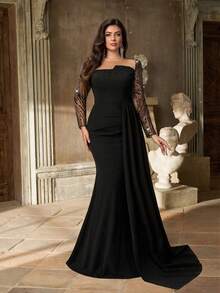 Aureia فستان أنيق بأكمام طويلة وياقة مستديرة، مزين بترتر على الصدر، من قماش شفاف ولمسات ترتر فاخرة، تصميم ذيل سمكة، مناسب للاحتفالات والحفلات والمناسبات الرسمية وعشاء الجالا