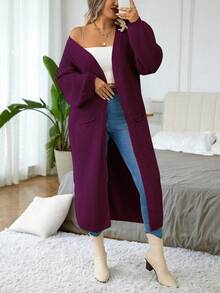 Elenzga 秋季大码女式纯色落肩长袖双口袋长款针织开衫 - 紫色 - 查看 7