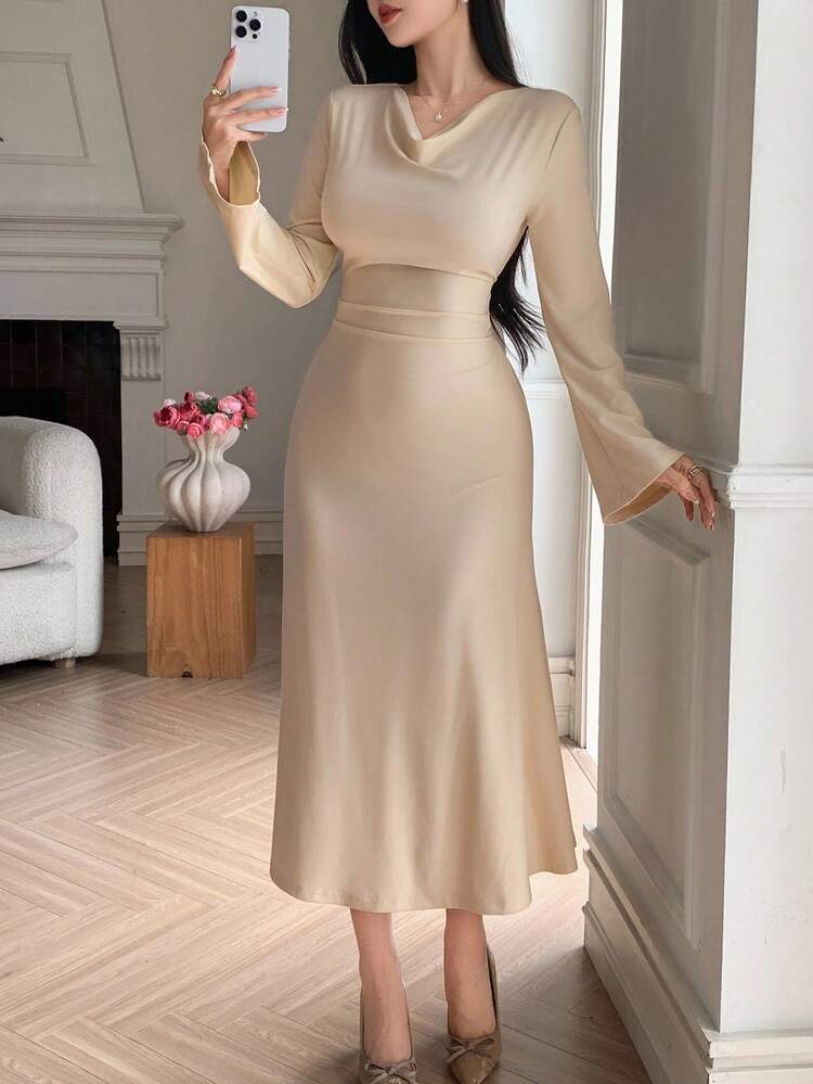 Women's Elegant Solid Color Flared Sleeve Midi Dress, Spring/Autumn
