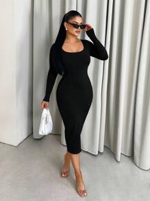 Zolique Seamless Knit Long Sleeve Integrated Romper Bodycon Dress Fall Cloth For Women - Black - View 3