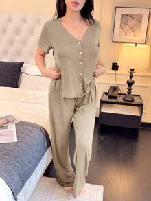 SHEIN Women's Solid Color Short Sleeve Casual Knit Comfortable Loungewear Set - Khaki - View 5