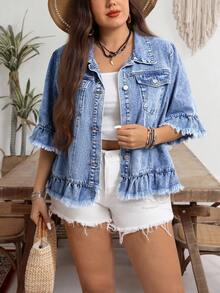 EMERY ROSE Plus Size Casual Washed Frayed Denim Jacket New Autumn And Winter Romantic Ruffled Three-Quarter Sleeve Loose Denim Jacket - Light Wash - View 6