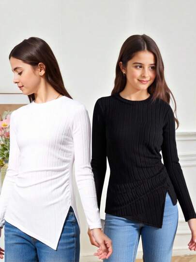 SHEIN Explorewe Tween Girl Solid Color Round Neck Long Sleeve Ruched Asymmetric Hem Casual T-Shirt Chic Outfits For Autumn/Winter