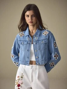 Selenza Floral Hollow-Out Pearl Decor Women Denim Jacket - Medium Wash - View 3