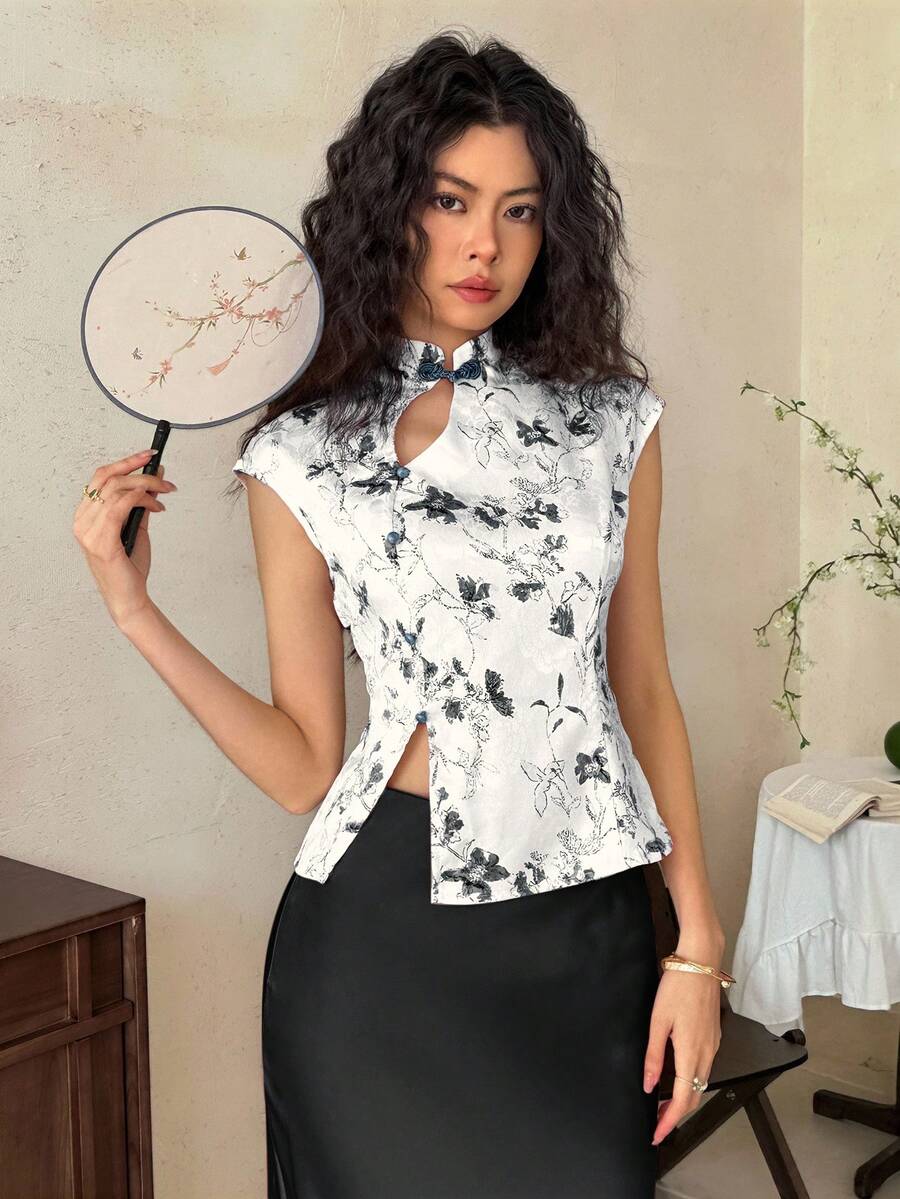 EastFlair 女士优雅蝴蝶印花立领吊带背心，夏季 - 彩色 - 查看 1