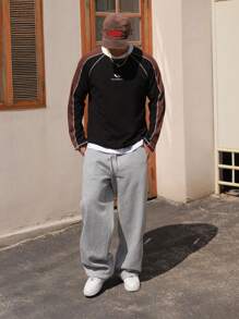 DAZY 男士纯灰色直筒抓绒运动裤，街头风，秋冬男士慢跑裤商务装 - 灰色 - 查看 4