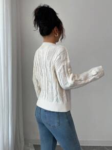 Elenzga 女式复古休闲奢华粗针织 3D 花卉装饰毛衣，秋冬 - 米色 - 查看 2