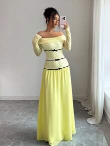 Elenzga Women's Elegant Fashion Commuter Casual Comfortable Charming Retro Long Sleeve Off Shoulder Waist Cinched Polka Dot Patchwork Chiffon A-Line Hem Dress - Butter Yellow - View 8