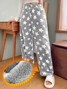 DAZY Flannel Thicken Allover Star Pattern Fluffy Bottoms, Thermal Lined Fall, Winter, Cozy - Light Grey - View 3