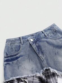 ROMWE Grunge Punk Romantic Punk, Collegiate Denim Patchwork Plaid Asymmetrical Hem Women Kpop Denim Mini Skirt - Blue - View 3